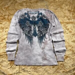 Grey Women's Sinful Affliction Sweatshirt Grunge Cross Wings Rhinestones Size L